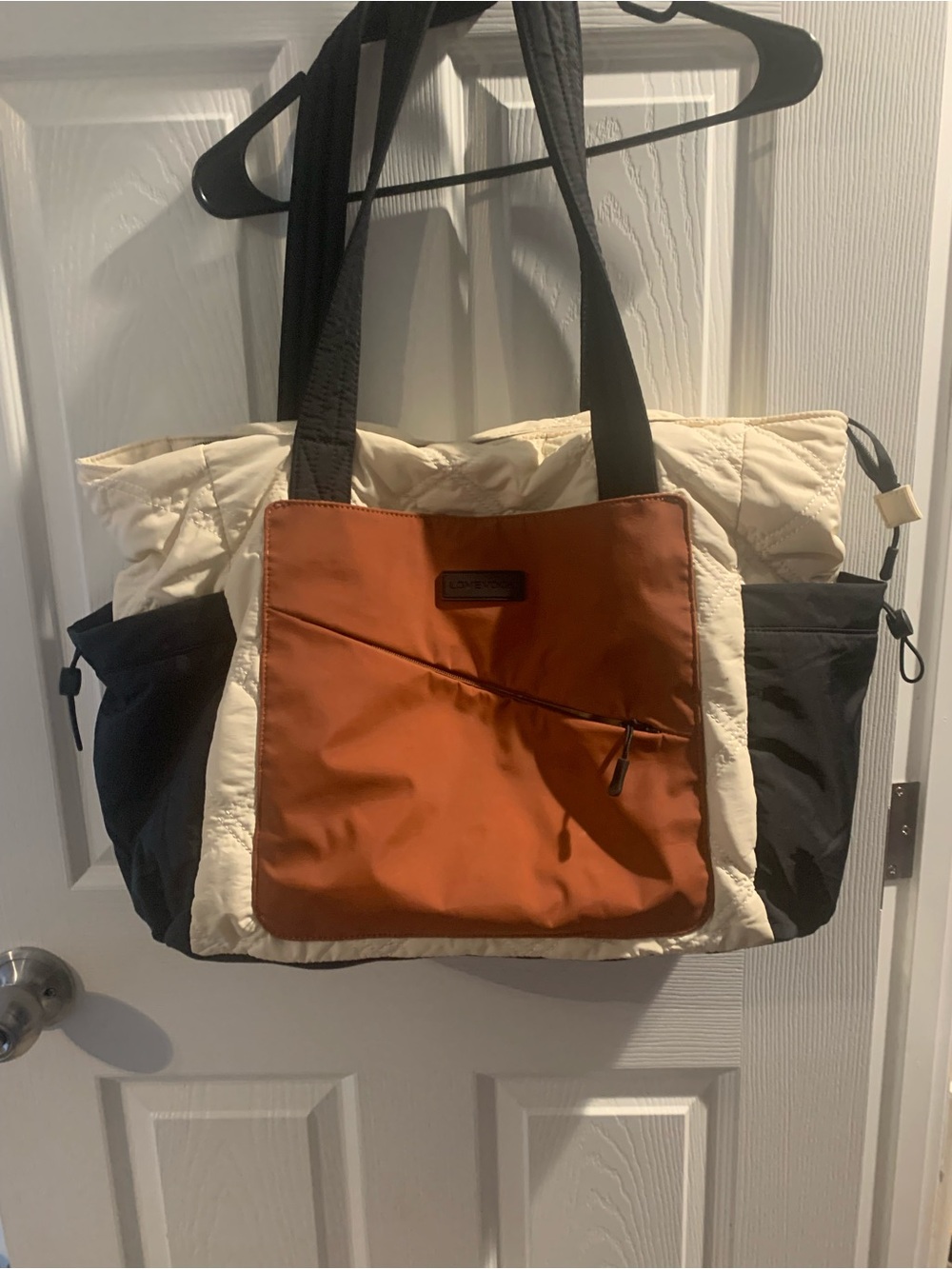 Three-Tone Quilted Tote with Front Zip Pocket - Cream, Rust & Black